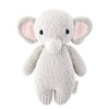 A small, hand-knit grey Cuddle + Kind Baby Elephant with large ears lined with pink fabric. Made from heirloom-quality Peruvian cotton yarn, the elephant has black beaded eyes and is standing upright. A small label is attached to its side.