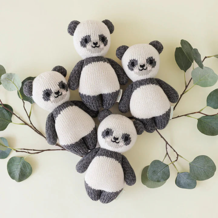 Five Cuddle + Kind Baby Pandas arranged in a star shape on a light background, surrounded by eucalyptus leaves. Each panda has distinct cheerful facial expressions.