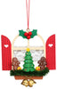 The Christian Ulbricht Ornament - Window with Gingerbread is a hand-painted masterpiece that displays a decorated green tree adorned with gingerbread figures, vibrant baubles, and two gold bells at its base. It is beautifully framed by a white window with red shutters featuring heart cutouts, encapsulating the charm of German craftsmanship.