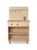 A Ferm Living Toro Play Kitchen set featuring a stove top, oven, and storage shelves, with simple knobs and accessories, against a soft, striped background.