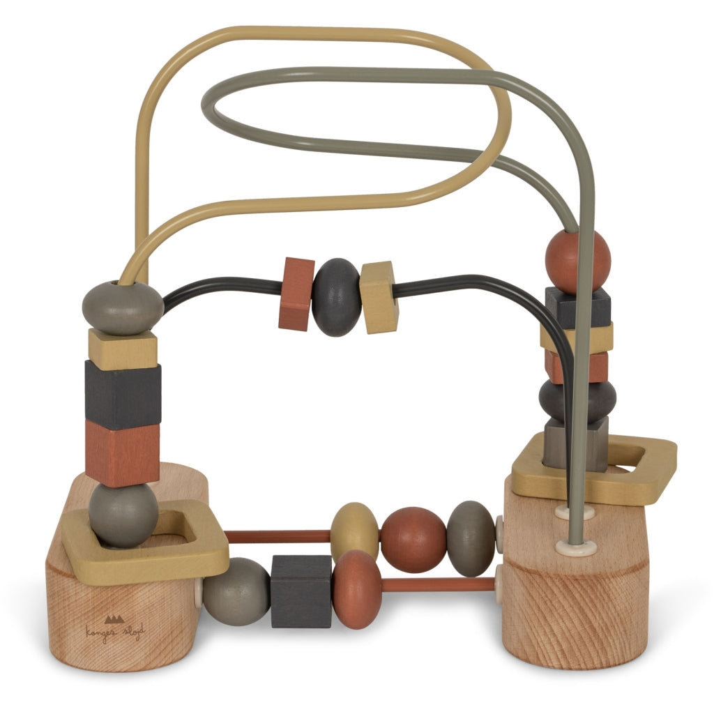 Sentence with Product Name: Wooden Activity Beads featuring looping metal tracks with multicolored beads and blocks, all set upon a solid base, designed to enhance fine motor skills in children.