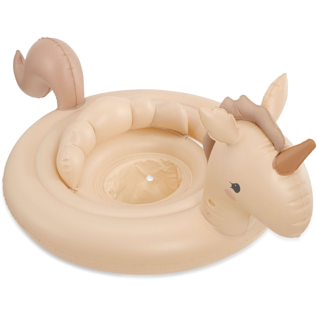 An Inflatable Baby Swim Ring - Unicorn designed to look like a unicorn. It features a circular ring with an open baby seat in the center, complete with a unicorn head adorned with ears, eyes, and a small horn at the front, plus a cute tail at the back.