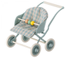 Image of a Maileg Stroller, Baby Mice - Mint with a plaid fabric seat, four wheels, and a handle. The stroller has a bead bar with three colorful beads (green, yellow, and brown) on the front. The light blue and white frame gives it a vintage appearance, perfect for transporting babies or mouse families in style.