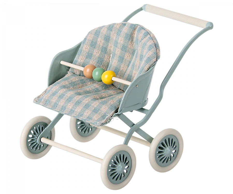 Image of a Maileg Stroller, Baby Mice - Mint with a plaid fabric seat, four wheels, and a handle. The stroller has a bead bar with three colorful beads (green, yellow, and brown) on the front. The light blue and white frame gives it a vintage appearance, perfect for transporting babies or mouse families in style.