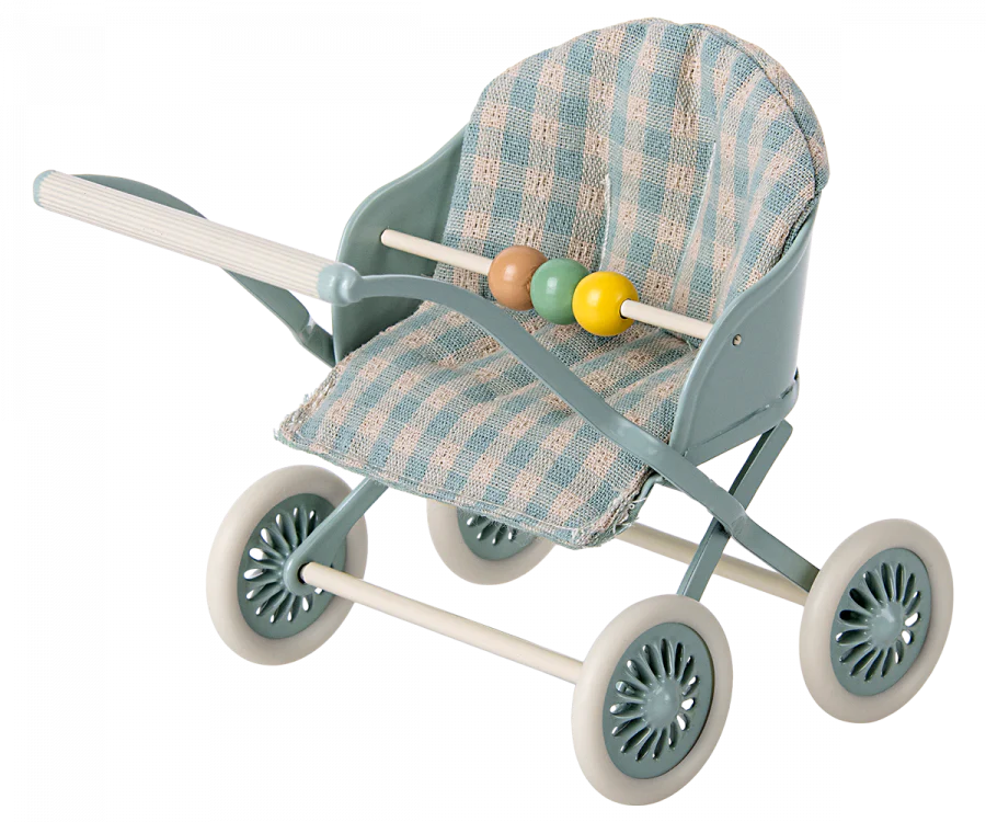 A vintage-style stroller for mouse families, featuring a blue and white checkered fabric seat, four white wheels with spokes, and a white handle. The Maileg Stroller, Baby Mice - Mint includes two wooden beads, one yellow and the other green, on the handlebar. Perfect for transporting babies around in style!