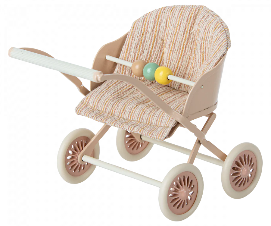 A Maileg Stroller, Baby Mice - Rose with a beige frame and multi-colored striped fabric, featuring large brown wheels and a decorative bead bar on the safety bar. This double stroller is perfect for pushing