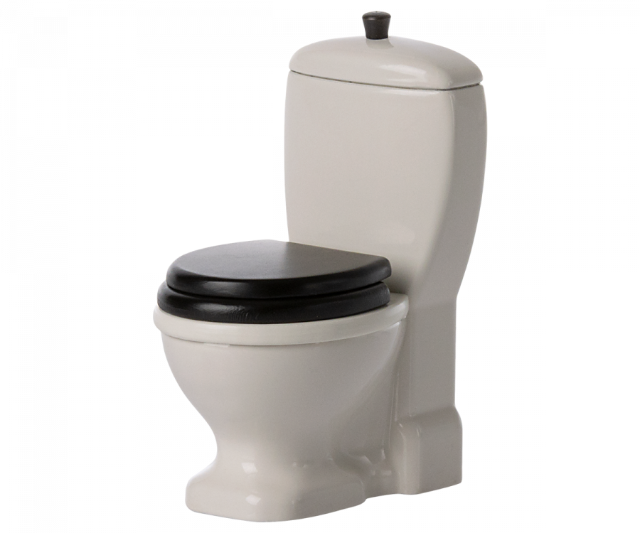 White mini toilet with black lid. 