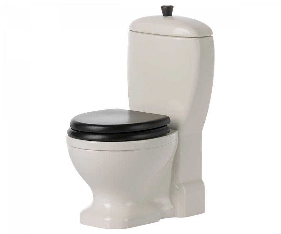 A white ceramic Maileg Miniature Toilet - Teddy Size with a black seat and lid, featuring a traditional design with an attached tank and a flush handle on top. Part of our exclusive bathroom assortment, this toilet boasts a smooth, glossy finish and is isolated on a white background.