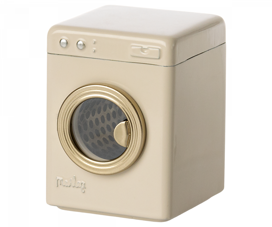 A beige, miniature Maileg Washing Machine For Mice-shaped speaker with a visible speaker grid and control buttons on the top.