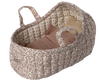 Introducing the Maileg Carry Cot, Large - Off White: A soft fabric carrycot adorned with a quilted floral pattern in soothing shades of brown. It features two convenient handles and offers a cozy interior, complete with a warm knitted blanket and a beige pillow, creating the ideal portable bed for your little one.