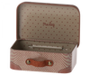 The Maileg Suitcase, Micro is a small, open rectangular suitcase with a brown exterior and a dotted beige interior, ideal for storing small items. It features a light brown leather handle secured with two metal rivets on each side. The inside of the lid displays colorful illustrations and the text "Maileg" in red.