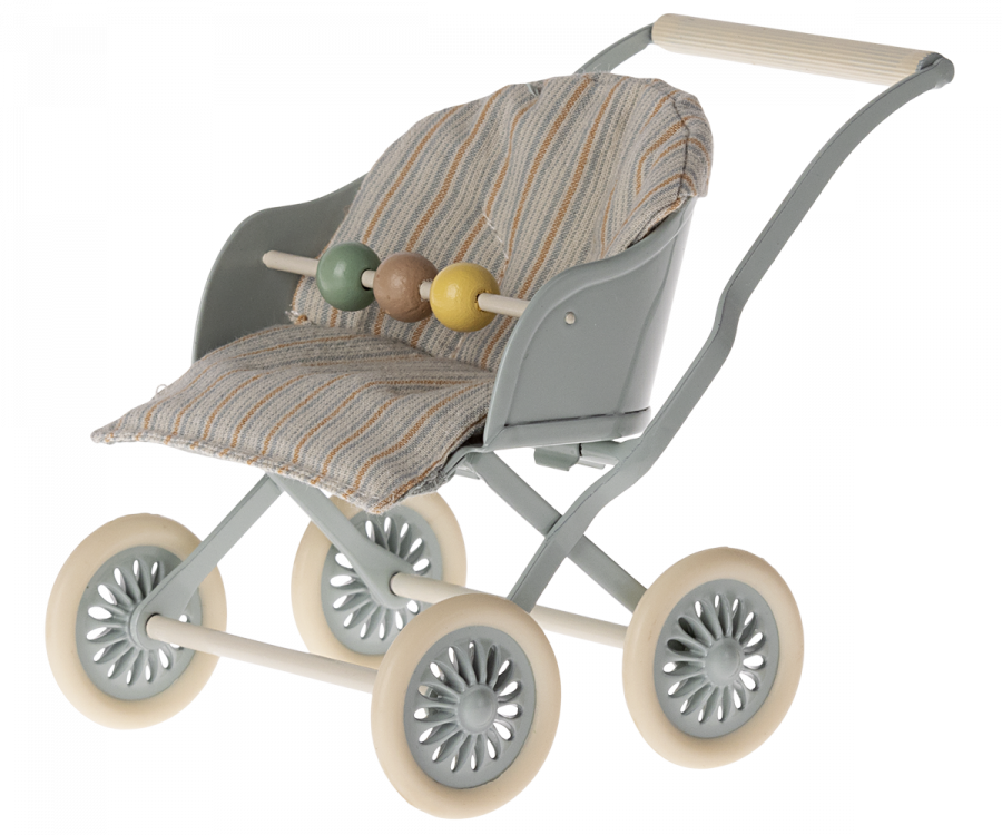 A Maileg Stroller, Baby Mice - Blue with a pale blue and white striped fabric seat, perfect for transport babies. It features two colorful wooden beads on the front, four pale yellow wheels with gray spokes, and a pale wooden handle ideal for little hands.