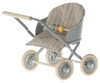 A Maileg Stroller, Baby Mice - Blue for transporting babies in mouse families, featuring a grey frame with four cream-colored wheels. The seat boasts striped fabric and a small handlebar adorned with three pastel wooden play beads. The light-colored handle is ribbed for grip, perfect for tiny hands.