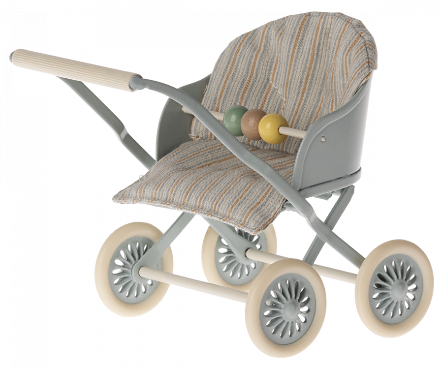 A Maileg Stroller, Baby Mice - Blue for transporting babies in mouse families, featuring a grey frame with four cream-colored wheels. The seat boasts striped fabric and a small handlebar adorned with three pastel wooden play beads. The light-colored handle is ribbed for grip, perfect for tiny hands.