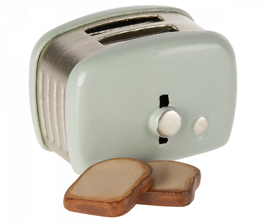 Maileg | Miniature Toaster - Mint with two slices of toasted bread ejected in front, set against a white background.