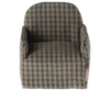 The Maileg Chair, Mouse - Green Checker, is a charming checkered fabric armchair in shades of green and beige with a rounded back and compact design, ideal for hosting your Maileg friends.