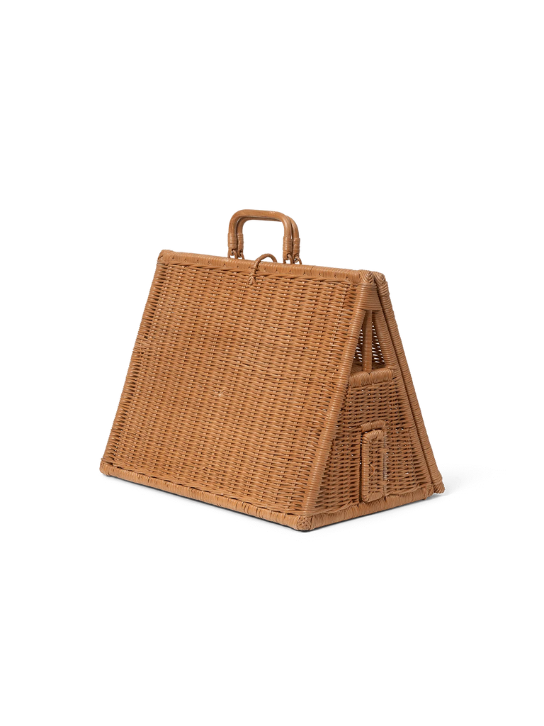 A stylish braided A-Frame Dollhouse handbag shaped like a triangular prism with a sturdy handle, set against a plain black background.