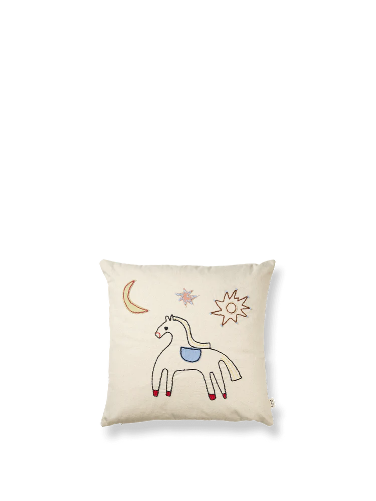 A square beige cushion from Naïve Cushions, featuring a whimsical hand-embroidered design. The playful horse, with a blue saddle, red hooves, and a green mane, is surrounded by a crescent moon, star, and sun on soft organic cotton.

Ferm Living Naïve Cushion - Horse