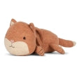 A soft, brown, plush Harmonica Fox Activity Toy in the shape of a lying cat with a simple, embroidered face. Crafted from recycled polyester, the toy has small, pointed ears, a pale beige snout, and a curled tail. The Harmonica Fox Activity Toy is depicted on a white background.