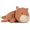 A Harmonica Fox Activity Toy of a brown and cream-colored sloth, lying on its belly with its legs and arms extended outwards in a relaxed manner. Made from recycled polyester, this soft toy has small ears, a rounded face, and a slightly smiling expression.