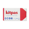 A box of Kitpas Crayons - 12 Colors, known for being high-quality and non-toxic, crafted in Japan. The white packaging accented in red showcases icons showing compatibility with windows, paper, and water paint. Inside are 12 medium-sized washable crayons.