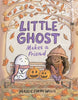 The cover of the "Little Ghost Makes a Friend Book" by Maggie Edkins Willis features a shy ghost sitting on a park bench with a carved pumpkin, accompanied by a young girl dressed in a coat, hat, and scarf. The scene is set amidst autumn leaves with a spider web in the top right corner.