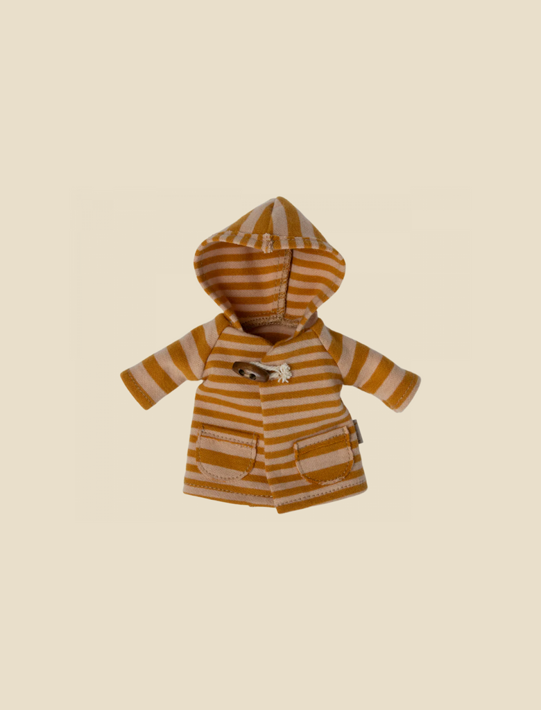 The Maileg Extra Clothing: Coat for Teddy Mum is a petite coat in brown and beige with ocher stripes, featuring a delightful wooden fastening and two front pockets, ideal for a toy or doll. Set against a plain background, it brings an adorable touch to any collection.