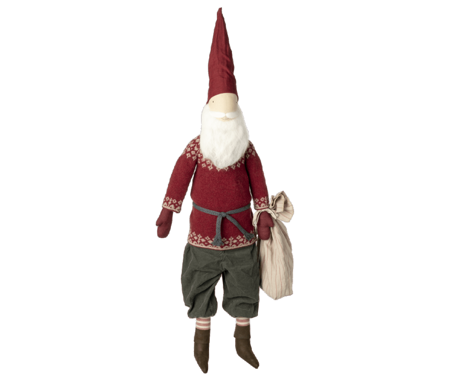 A Maileg Large Santa (Size: 45.27 in.) with a tall red hat, bushy white beard, burgundy lambswool sweater with patterned sleeves, green trousers, and brown boots. The Maileg Large Santa holds a beige sack tied with a blue belt. This charming Christmas figurine doubles as an adorable Santa decoration.