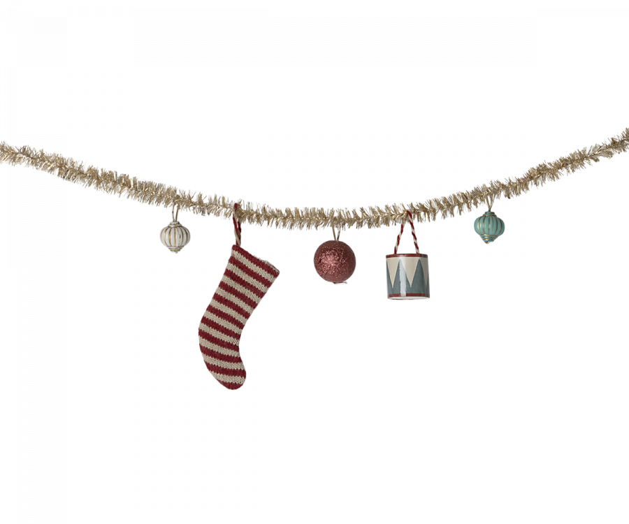 The Christmas garland, Small - Gold, beautifully displays a festive array of decorations, including a silver bauble, striped stocking, red glitter ball, drum-shaped ornament, and a teal bauble. These delightful ornaments dangle from a shimmering tinsel string that captures the enchanting charm reminiscent of the Maileg House of Miniature.