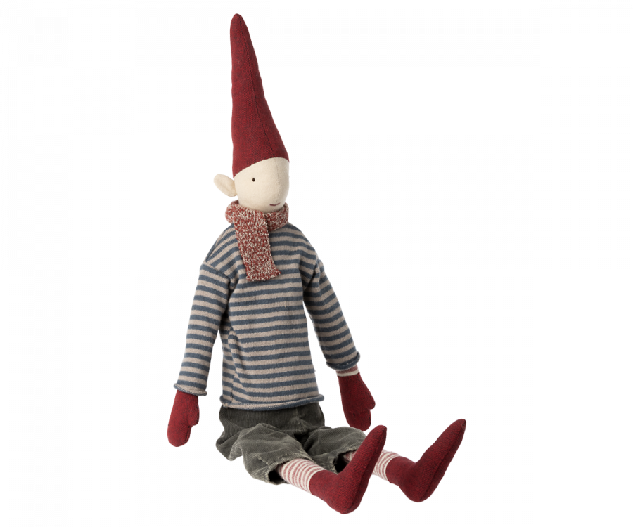 Introducing the Maileg Christmas Maxi Pixy, made from exclusive materials. This charming plush doll features a tall red pointed hat, a red scarf, a striped long-sleeve shirt, red mittens, gray pants, and striped socks. It sits with its legs extended forward and makes a delightful Christmas decoration.