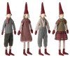 The Maileg Christmas Maxi Pixy set, featuring four cloth figures with elongated red hats and striped clothing, makes an ideal choice for Christmas decorations. Crafted from high-quality materials, they sport unique combinations of dresses, pants, scarves, and sweaters in muted tones, all paired with matching red mittens and socks.