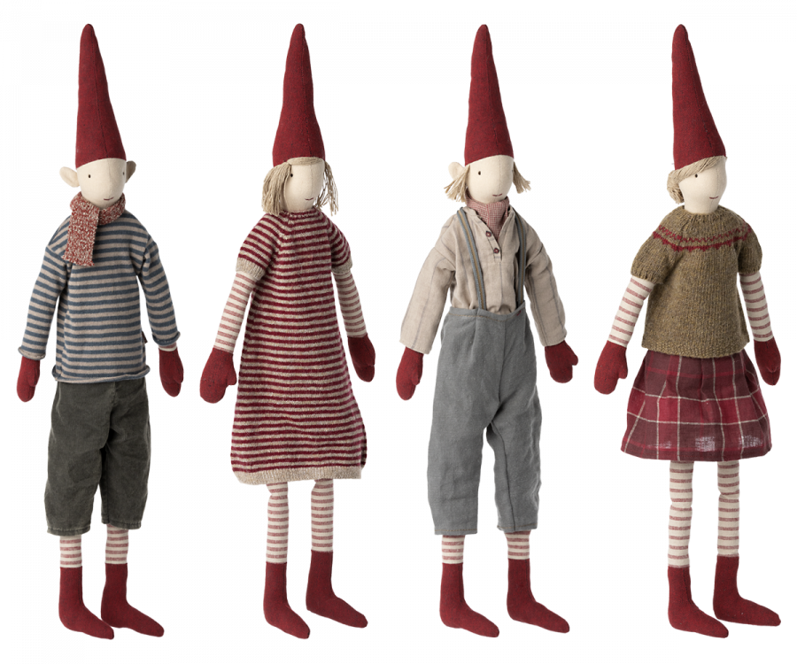 The Maileg Christmas Maxi Pixy set, featuring four cloth figures with elongated red hats and striped clothing, makes an ideal choice for Christmas decorations. Crafted from high-quality materials, they sport unique combinations of dresses, pants, scarves, and sweaters in muted tones, all paired with matching red mittens and socks.