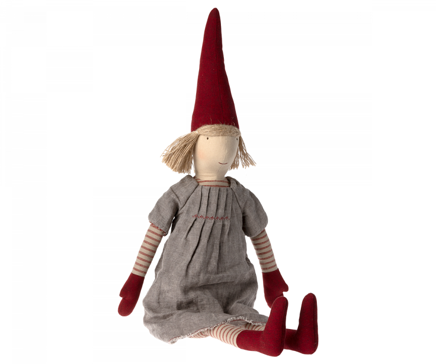 A Maileg Christmas Pixy (Size 5) with a long red hat, simple facial features, and a grey dress made from exclusive materials, sitting against a white background.