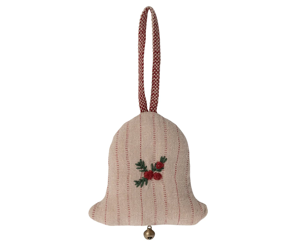 Introducing the Maileg Ornament - Small Bell: a beige, bell-shaped Christmas ornament adorned with red vertical stripes and a delicate embroidered design of green leaves and red berries. Crafted from exclusive fabrics, this charming ornament features a red and white checkered hanging loop and is completed with a small metallic bell at the bottom, making it a perfect addition to any personal collection.