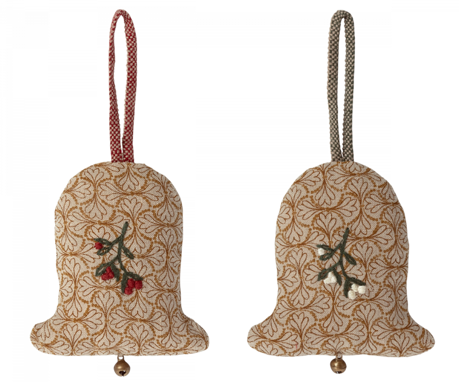 Introducing the Maileg Ornament - Two Bells: a set of two decorative, bell-shaped ornaments meticulously crafted from beautiful fabrics. Each ornament is adorned with an embroidered plant—one featuring red berries and the other showcasing white berries. Perfect for adorning your Christmas tree, these ornaments come with loop hangers at the top and small bells attached at the bottom.