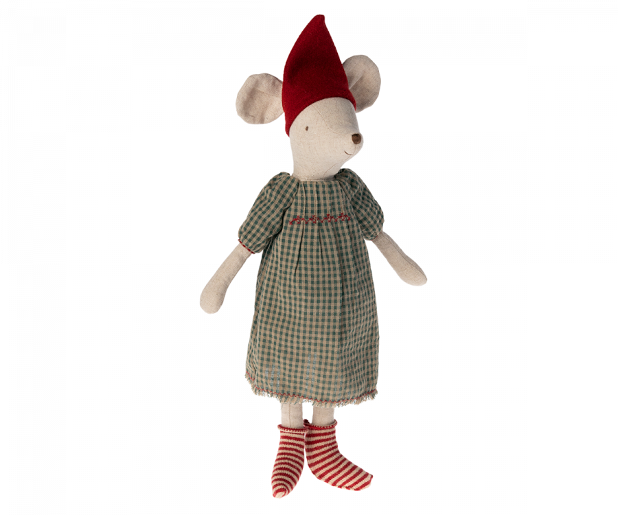 A Maileg Medium Christmas Mouse - Girl plush toy wearing a green and brown checkered dress, striped red and white socks, and a red hat, isolated on a plain background.