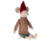 Maileg Medium Christmas Mouse - Boy dressed in cozy Christmas clothes: a striped shirt, red pointed hat, and green pants, seated against a white background.