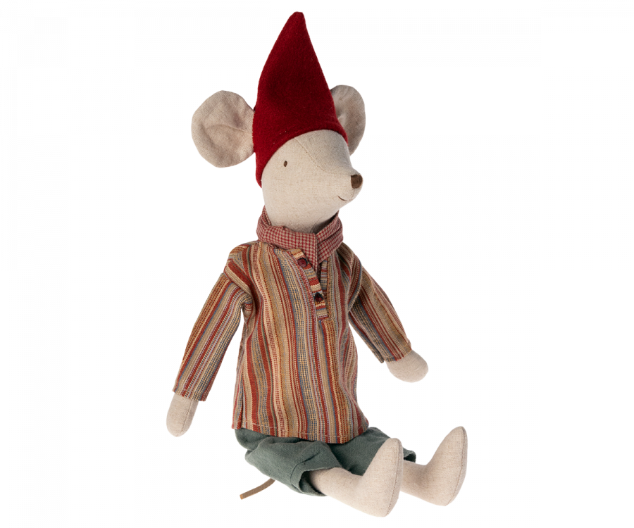 Maileg Medium Christmas Mouse - Boy dressed in cozy Christmas clothes: a striped shirt, red pointed hat, and green pants, seated against a white background.