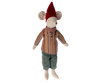 A Maileg Medium Christmas Mouse - Boy wearing cozy Christmas clothes, green pants, and a red pointed hat, standing upright against a plain background.