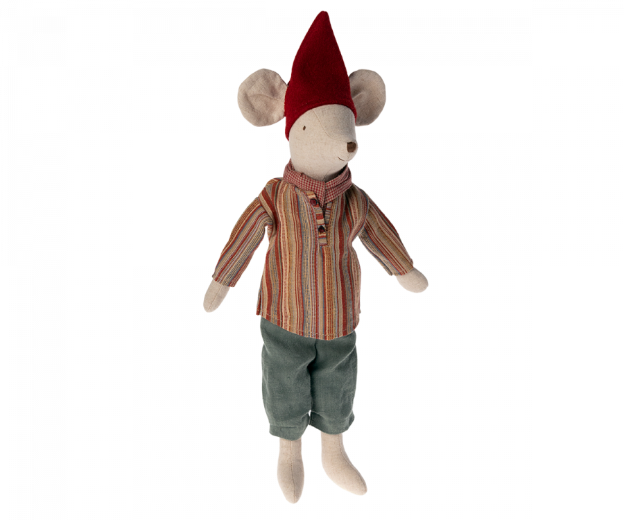 A Maileg Medium Christmas Mouse - Boy wearing cozy Christmas clothes, green pants, and a red pointed hat, standing upright against a plain background.