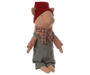 The Maileg Christmas Pig - Boy, dressed in gray overalls, a red and green plaid scarf, and a removable hat, features a light brown body and a round snout, giving it a whimsical and charming appearance. This adorable stuffed animal makes the perfect holiday decoration.