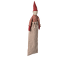 Introducing the Maileg Long Legged Pixy, Large: a handcrafted cloth doll adorned in a red and white striped top, with red mittens and a beige apron. This doll also features a pointed red hat reminiscent of a pixie and has a simple, minimalist facial expression that captures the whimsical essence of folklore.