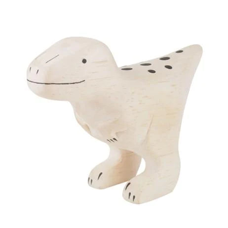 A small, light Handmade Wooden Velociraptor Dinosaur in the shape of a dinosaur, standing on two legs. Hand-painted and crafted from Albizia wood, the dinosaur has a smiling face, round body, and minimal black markings such as eyes, nose, and spots on its back for a friendly and simplistic appearance.