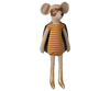 The Maileg Superhero Mouse, Maxi - Girl is a plush toy made from recycled polyester, featuring a yellow and white striped outfit with gold boots, a brown eye mask, large ears, a small nose, and a cape that all come together to create its delightful superhero look.