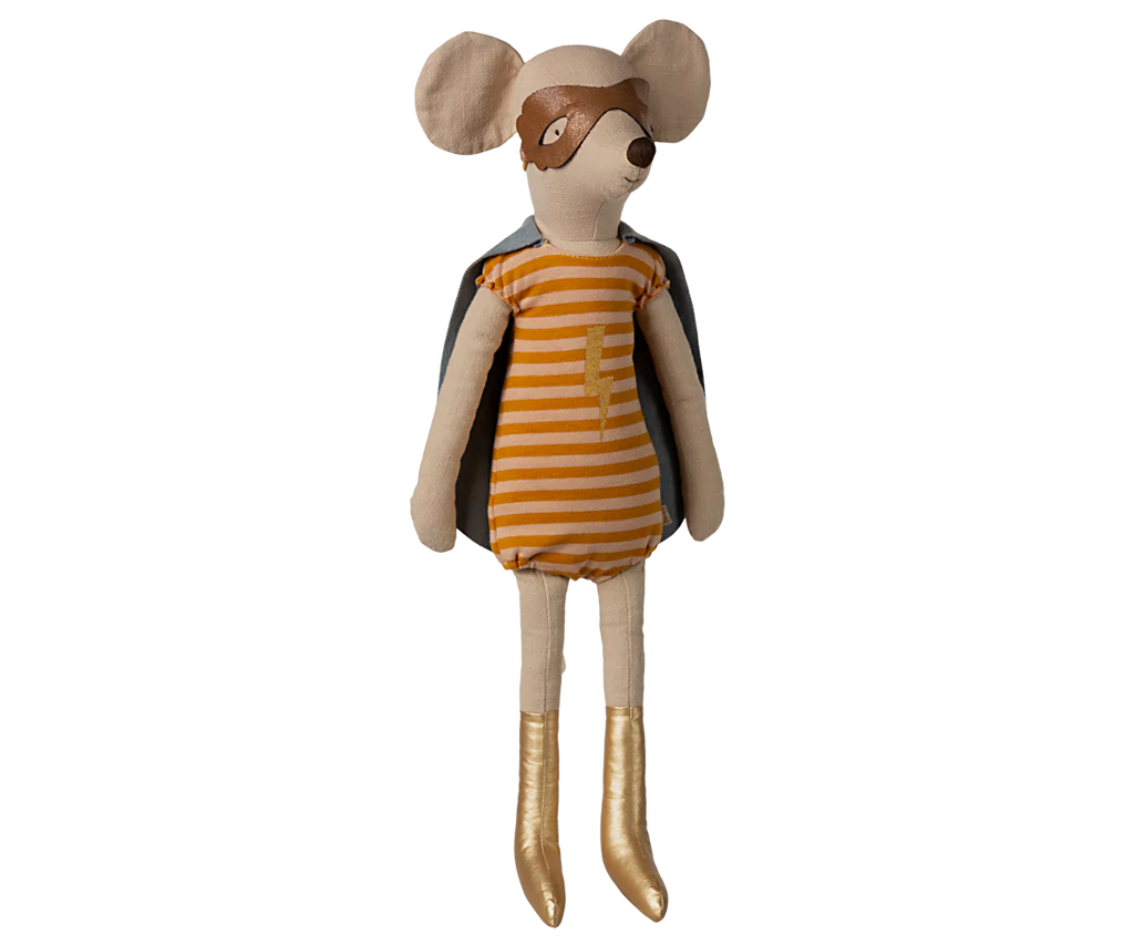 The Maileg Superhero Mouse, Maxi - Girl is a plush toy made from recycled polyester, featuring a yellow and white striped outfit with gold boots, a brown eye mask, large ears, a small nose, and a cape that all come together to create its delightful superhero look.