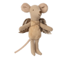 A Maileg Fairy Angel Mouse - Powder with golden angel wings, a beige body, a brown nose, and a thin tail, standing upright against a black background.