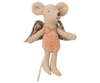 A Maileg Fairy Angel Mouse - Rose with a beige fabric body and large round ears, wearing a pink fuzzy dress and gold wings. The mouse has a stitched smile and black eyes, with a long tail extending behind. Perfect for creating magical moments, its wings have a shiny, crinkled texture.