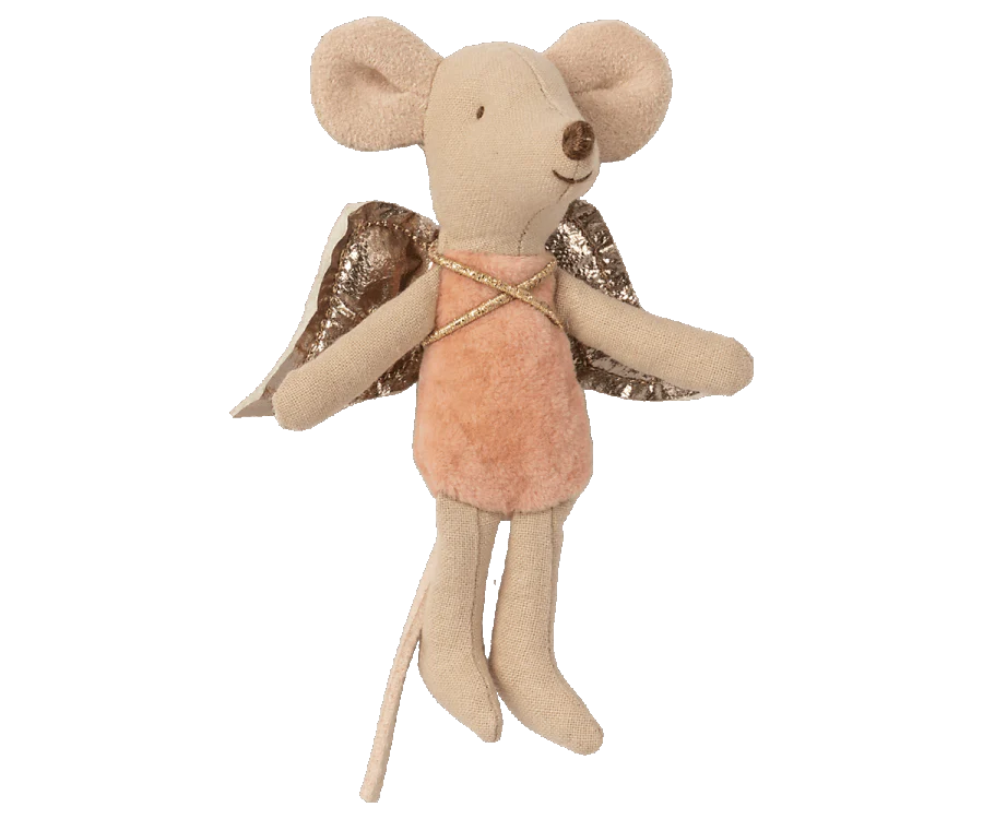 A Maileg Fairy Angel Mouse - Rose with a beige fabric body and large round ears, wearing a pink fuzzy dress and gold wings. The mouse has a stitched smile and black eyes, with a long tail extending behind. Perfect for creating magical moments, its wings have a shiny, crinkled texture.