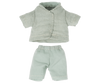 The Maileg Extra Clothing: Pajamas for Little Brother Mouse is a small, light green outfit featuring a short-sleeved, button-up shirt with a subtle checkered pattern and matching shorts. Made from soft cotton, the shorts have an elastic waistband. Both pieces seem perfect for Little Brother Mouse at a pajama party or during playtime with dolls.