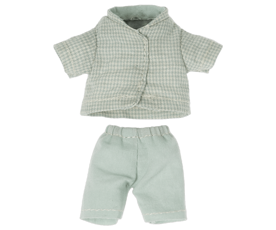 The Maileg Extra Clothing: Pajamas for Little Brother Mouse is a small, light green outfit featuring a short-sleeved, button-up shirt with a subtle checkered pattern and matching shorts. Made from soft cotton, the shorts have an elastic waistband. Both pieces seem perfect for Little Brother Mouse at a pajama party or during playtime with dolls.